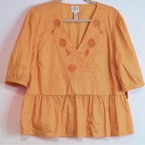 🆕 St. John’s Bay Mock Orange Embroidered Peplum Blouse XL 🧡 Floral Boho Cotton